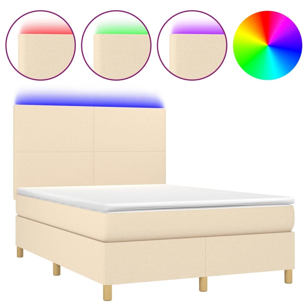 vidaXL Cama box spring c/ colchão e LED 140x200 cm tecido cor creme