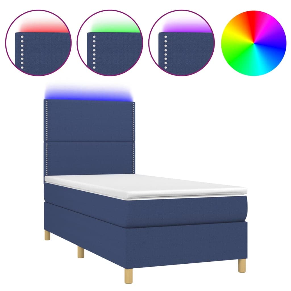vidaXL Cama box spring c/ colchão e LED 90x190 cm tecido azul
