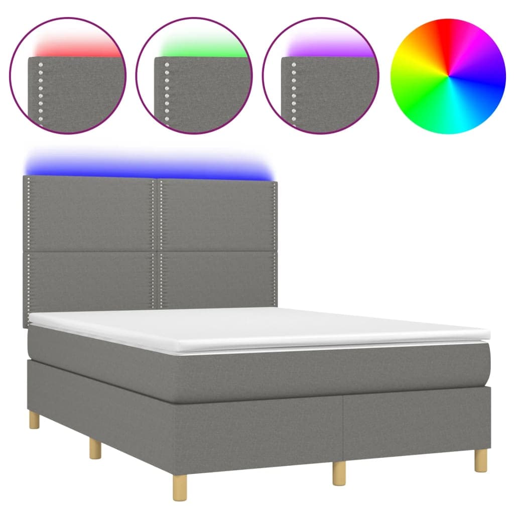 vidaXL Cama box spring c/ colchão e LED 140x200 cm tecido cinza-escuro