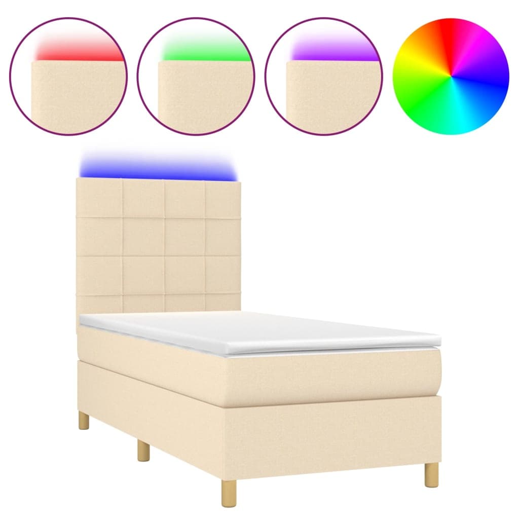 vidaXL Cama box spring c/ colchão e LED 90x200 cm tecido cor creme