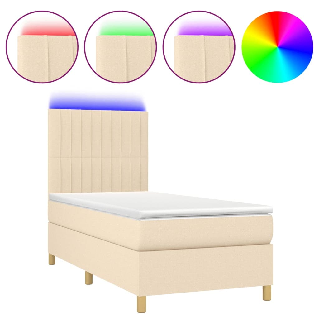 vidaXL Cama Box Spring com Colchão e LED 100x200 cm Tecido Cor Creme - 2937328579