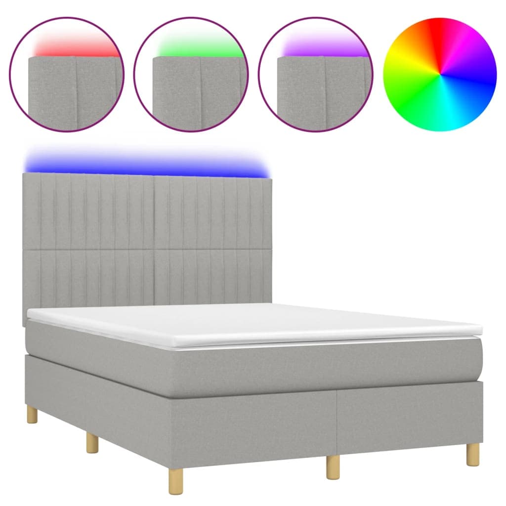 vidaXL Cama box spring c/ colchão e LED 140x190 cm tecido cinza-claro