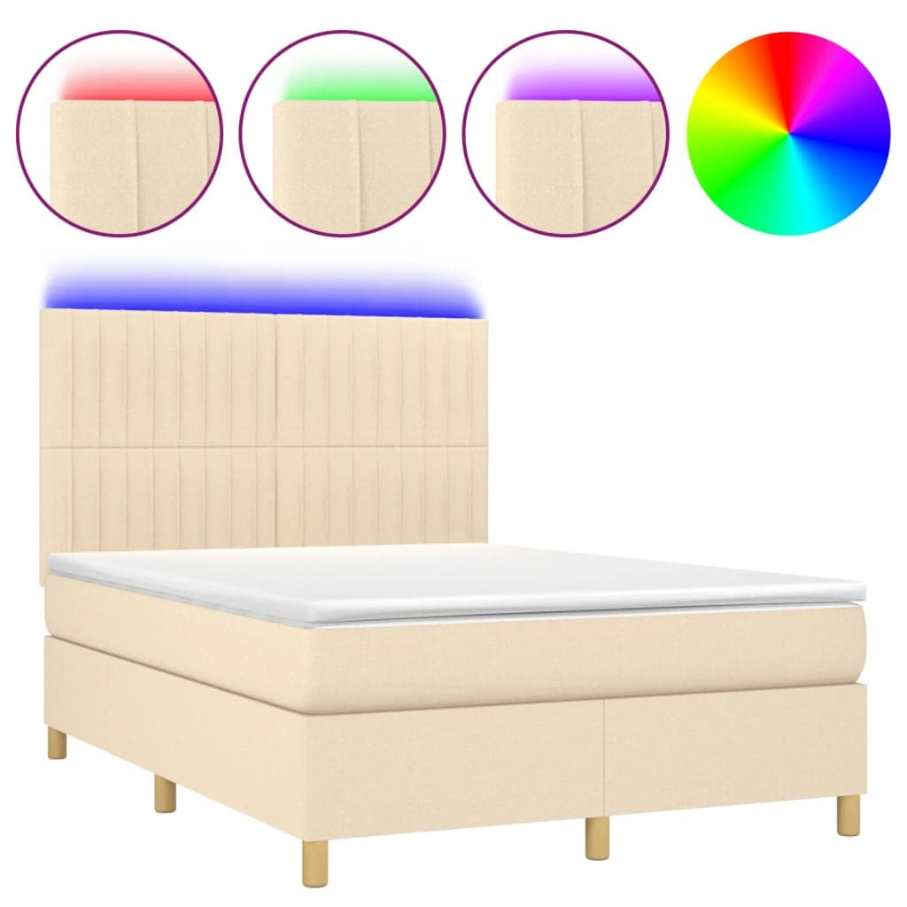 vidaXL Cama box spring c/ colchão e LED 140x190 cm tecido cor creme