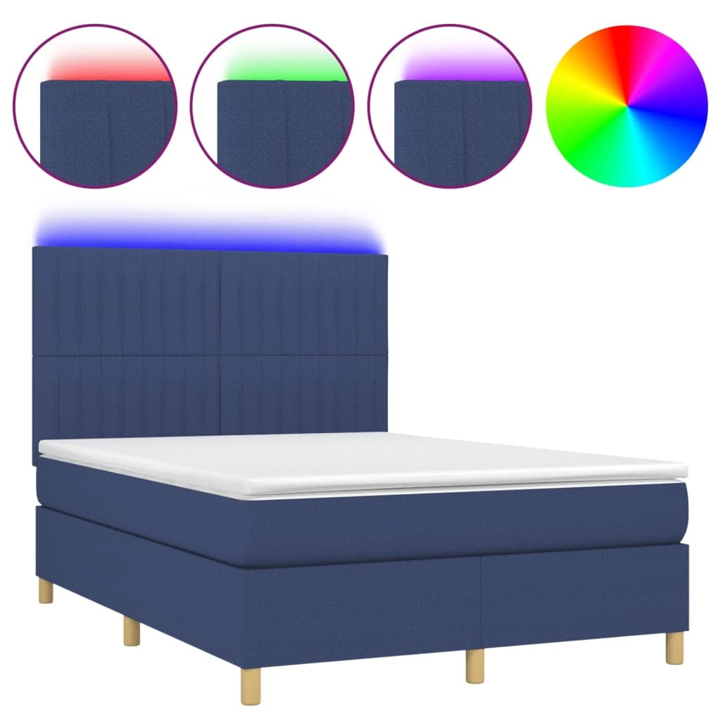 vidaXL Cama box spring c/ colchão e LED 140x190 cm tecido azul