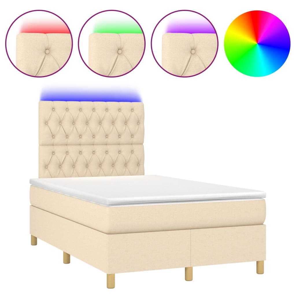vidaXL Cama box spring c/ colchão e LED 120x200 cm tecido cor creme