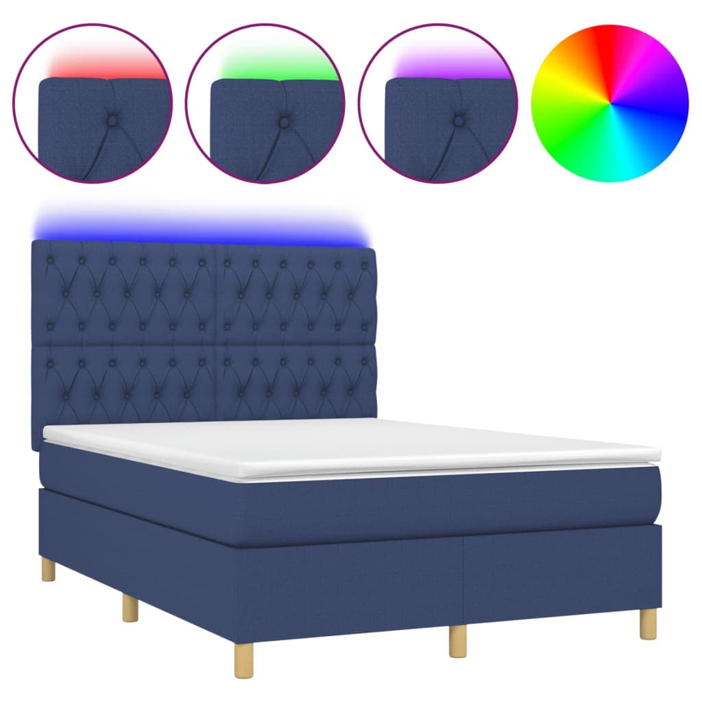vidaXL Cama box spring c/ colchão e LED 140x190 cm tecido azul
