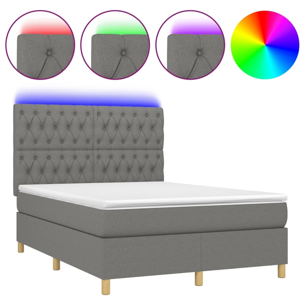 vidaXL Cama Box Spring com Colchão e LED 140x200 cm Tecido Cinza-escuro - 2907876762