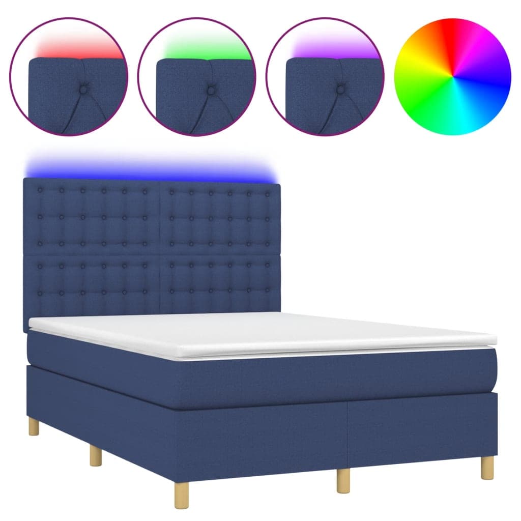 vidaXL Cama box spring c/ colchão e LED 140x200 cm tecido azul