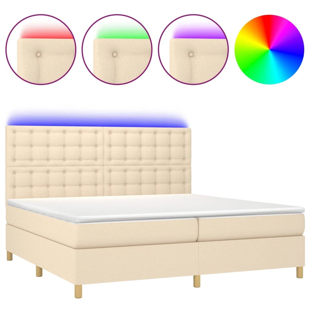 vidaXL Cama box spring c/ colchão e LED 200x200 cm tecido cor creme