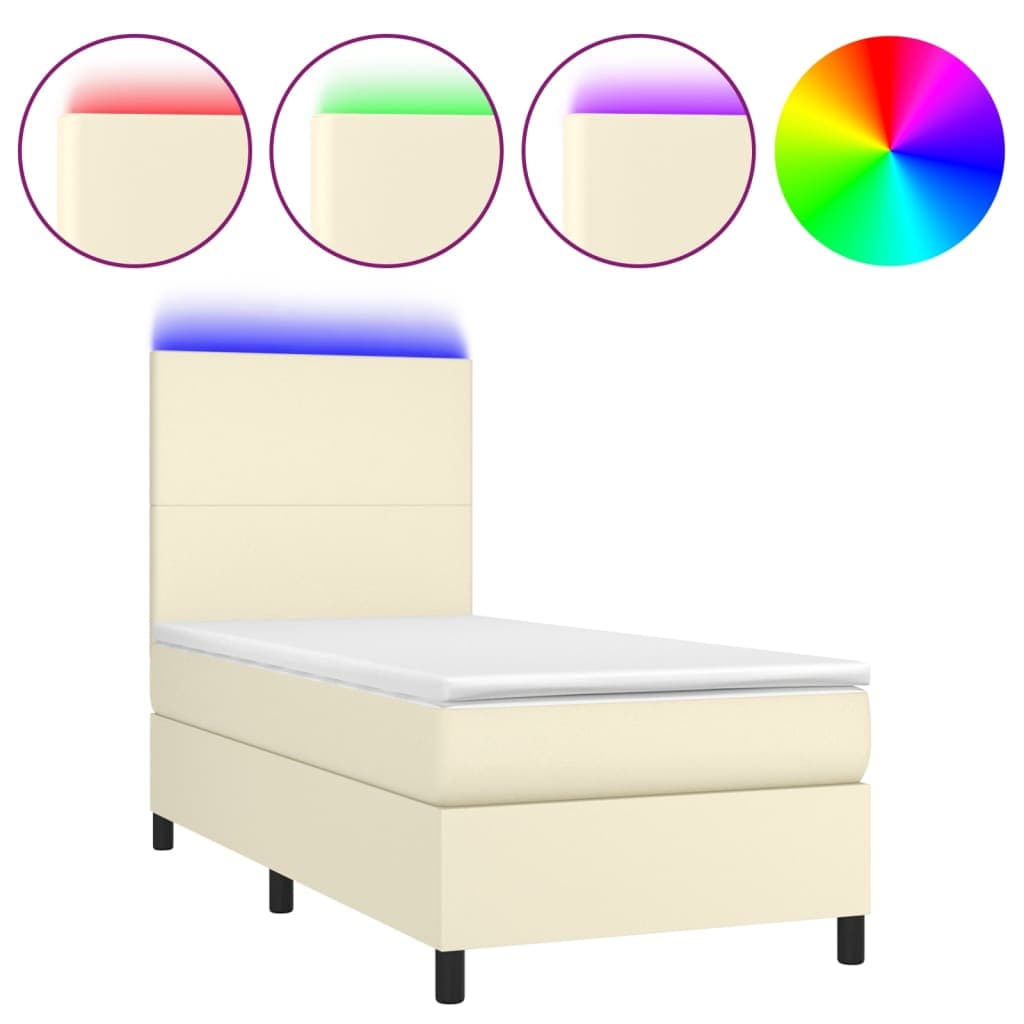 vidaXL Cama box spring c/ colchão/LED 90x200 cm couro artificial creme
