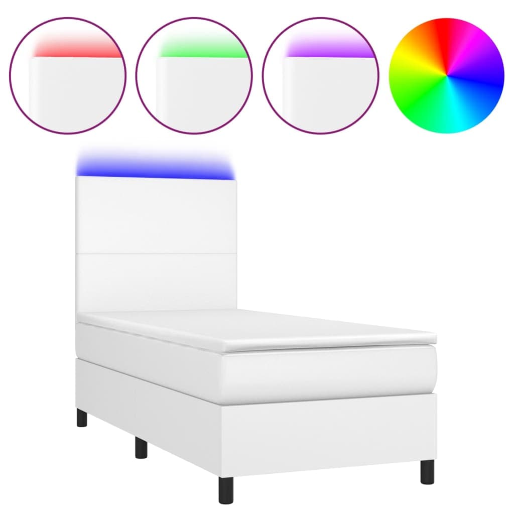 vidaXL Cama box spring c/colchão/LED 100x200cm couro artificial branco