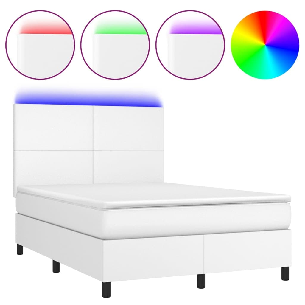 vidaXL Cama box spring c/colchão/LED 140x190cm couro artificial branco