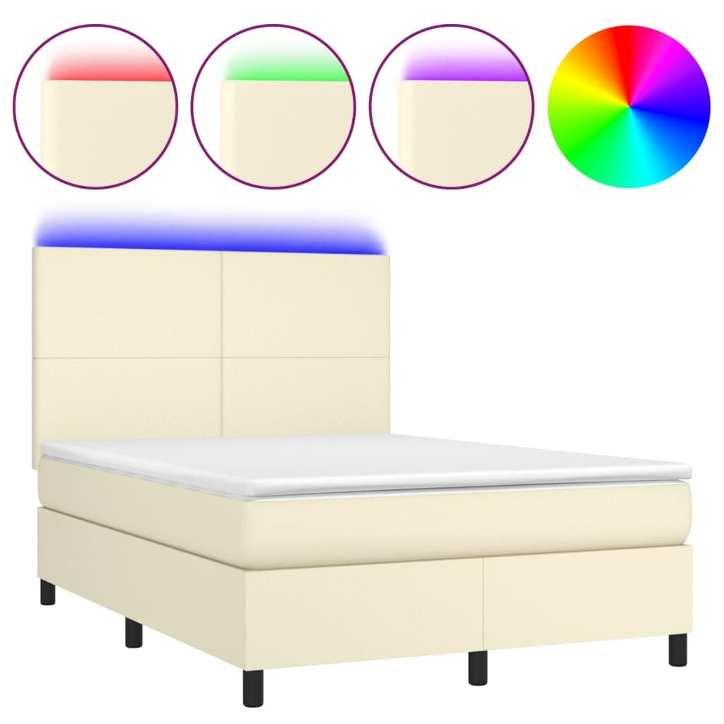 vidaXL Cama box spring c/ colchão/LED 140x190cm couro artificial creme