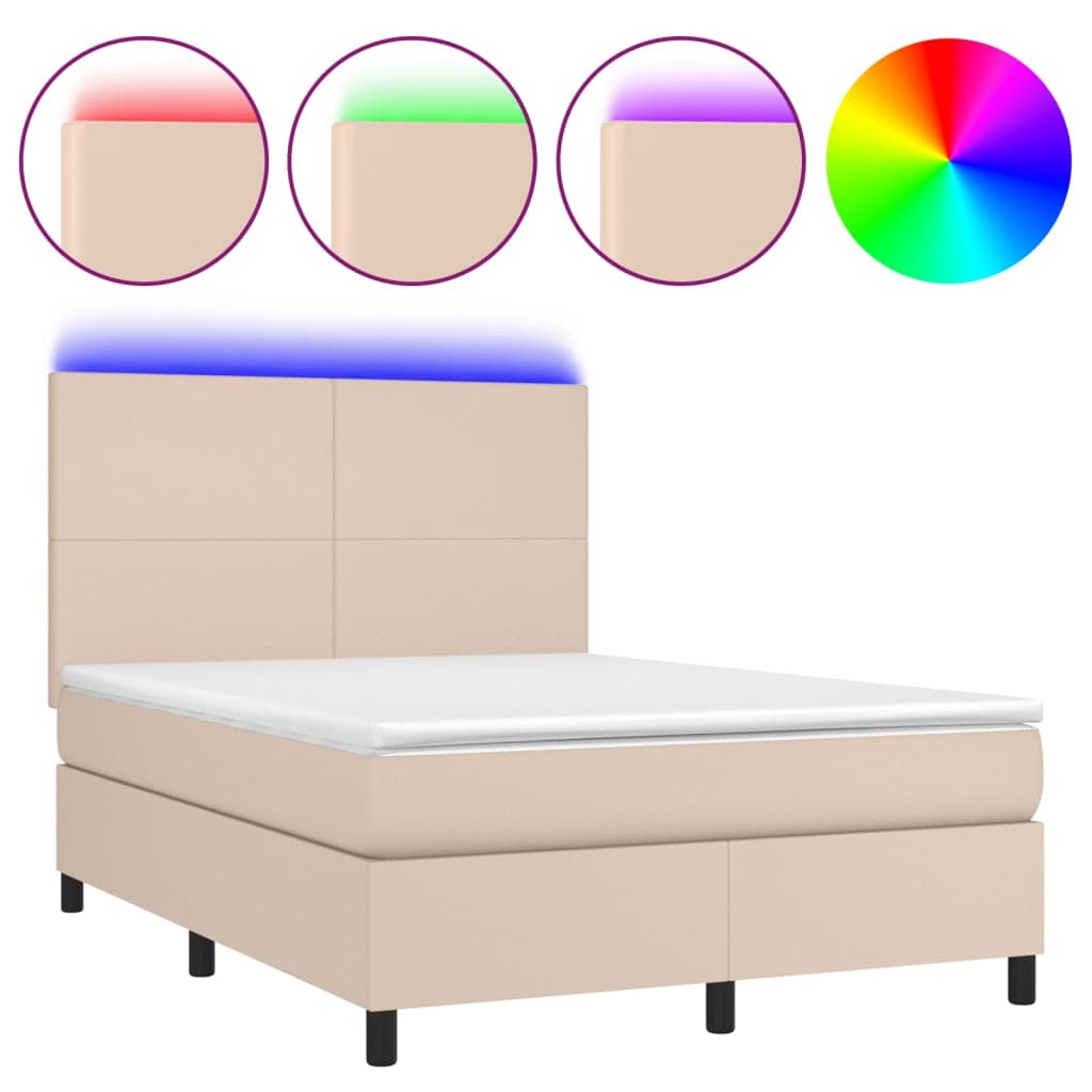 vidaXL Cama box spring c/colchão/LED 140x190cm couro artif. cappuccino
