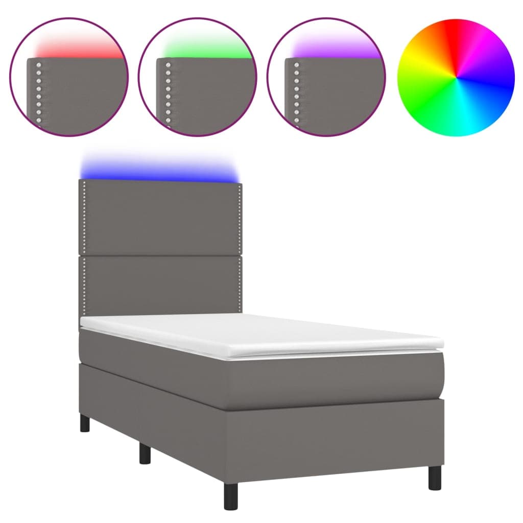 vidaXL Cama Box Spring com Colchão/led 90x200 cm Couro Artificial Cinza - 3227962732