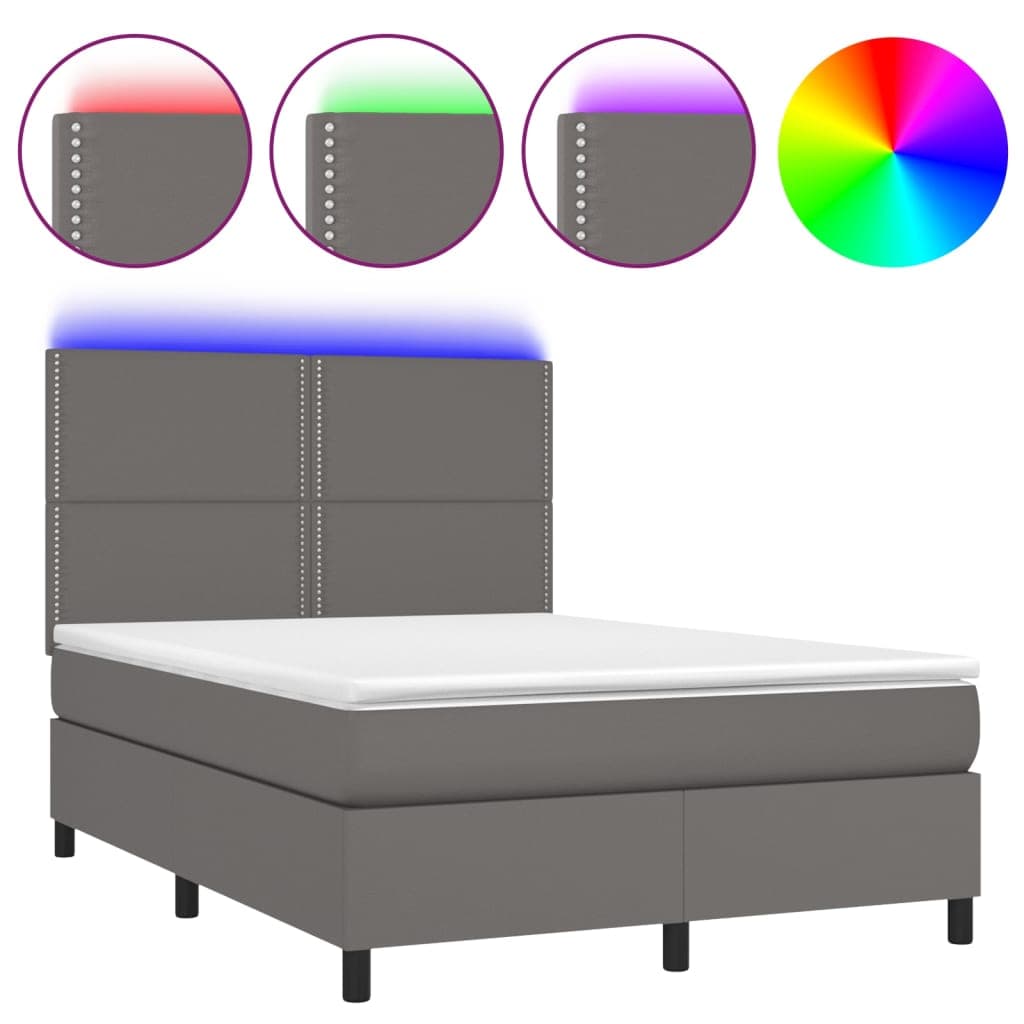 vidaXL Cama Box Spring com Colchão/led 140x200cm Couro Artificial Cinza - 1465101513