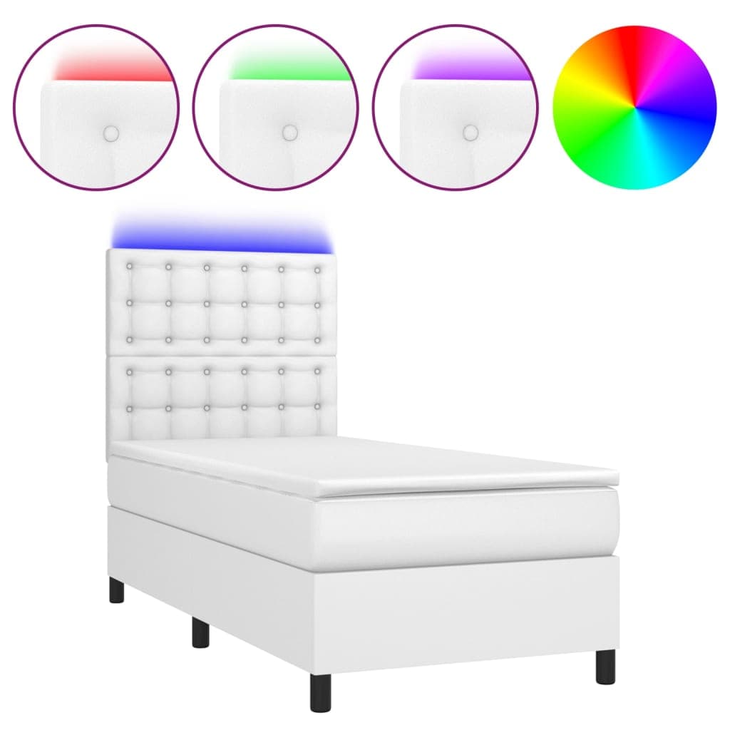 vidaXL Cama Box Spring com Colchão/led 90x200cm Couro Artificial Branco - 1001191420