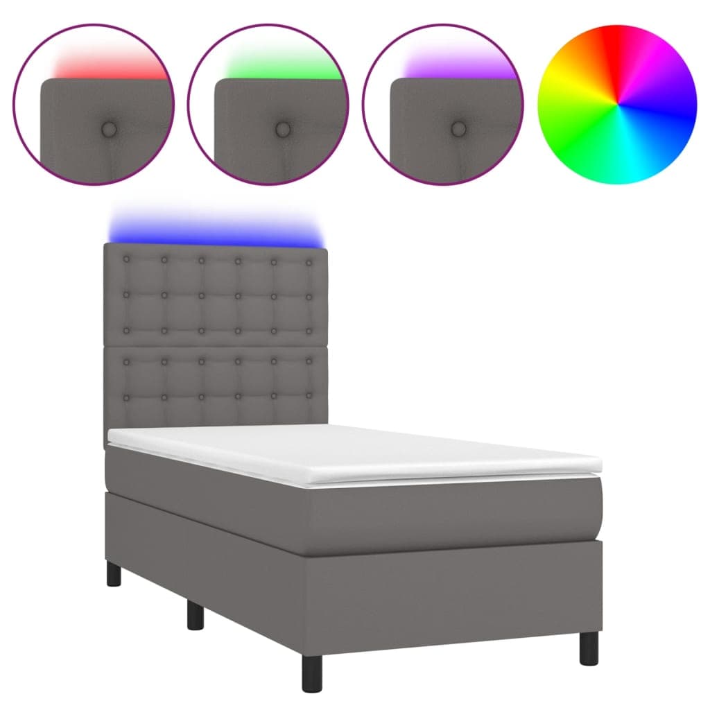 vidaXL Cama box spring c/ colchão/LED 90x200 cm couro artificial cinza