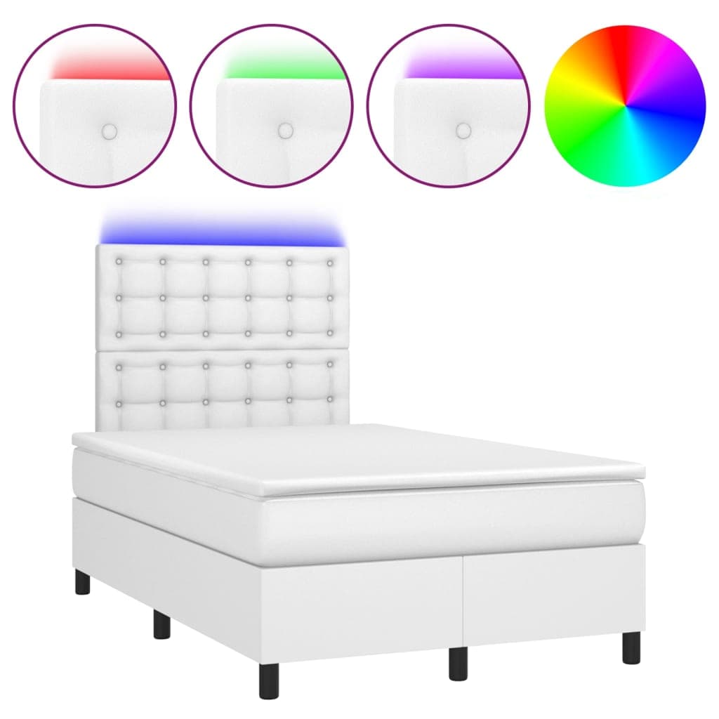 vidaXL Cama box spring c/colchão/LED 120x200cm couro artificial branco