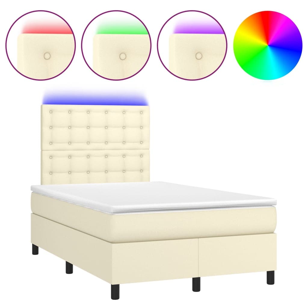 vidaXL Cama box spring c/ colchão/LED 120x200cm couro artificial creme