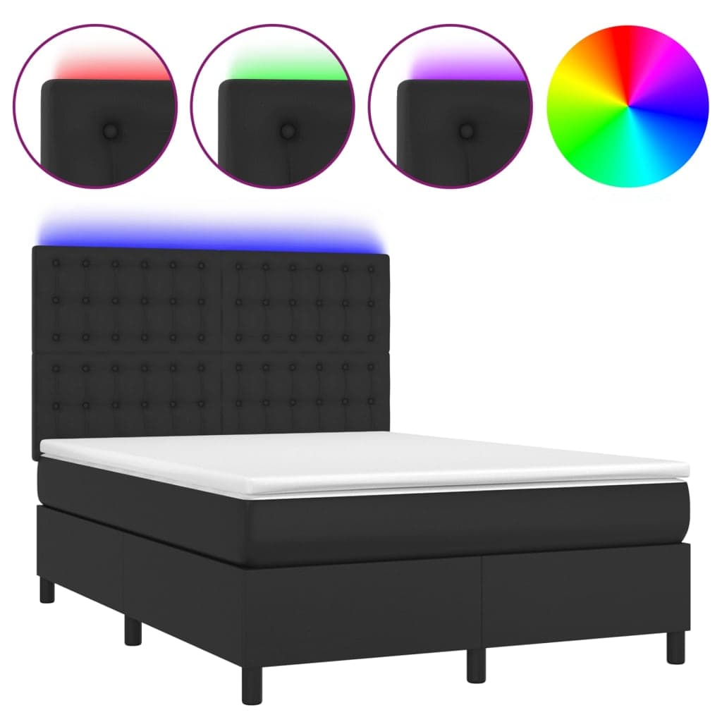 vidaXL Cama box spring c/ colchão/LED 140x190cm couro artificial preto
