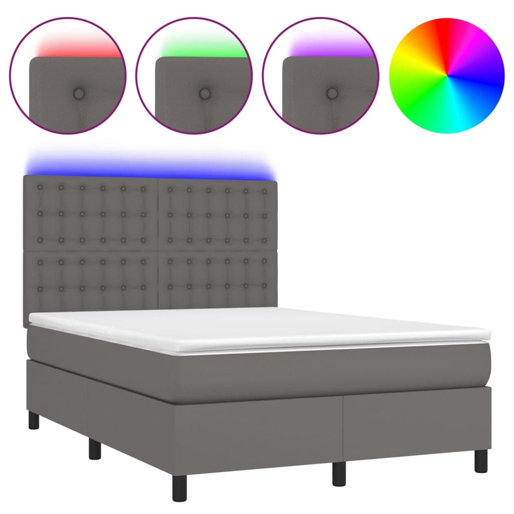 vidaXL Cama box spring c/ colchão/LED 140x190cm couro artificial cinza