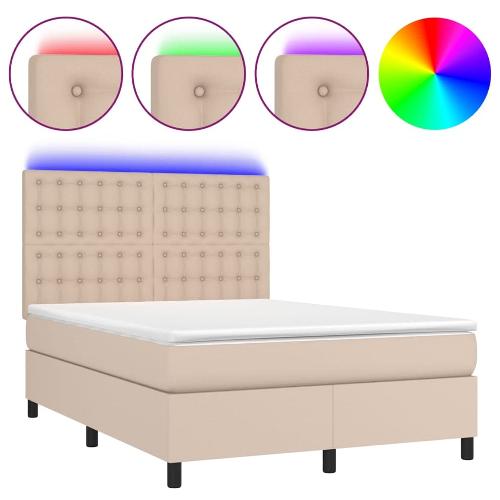 vidaXL Cama box spring c/colchão/LED 140x200cm couro artif. cappuccino