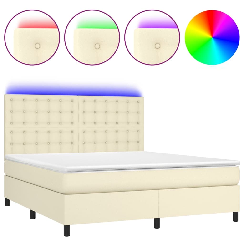 vidaXL Cama box spring c/ colchão/LED 180x200cm couro artificial creme