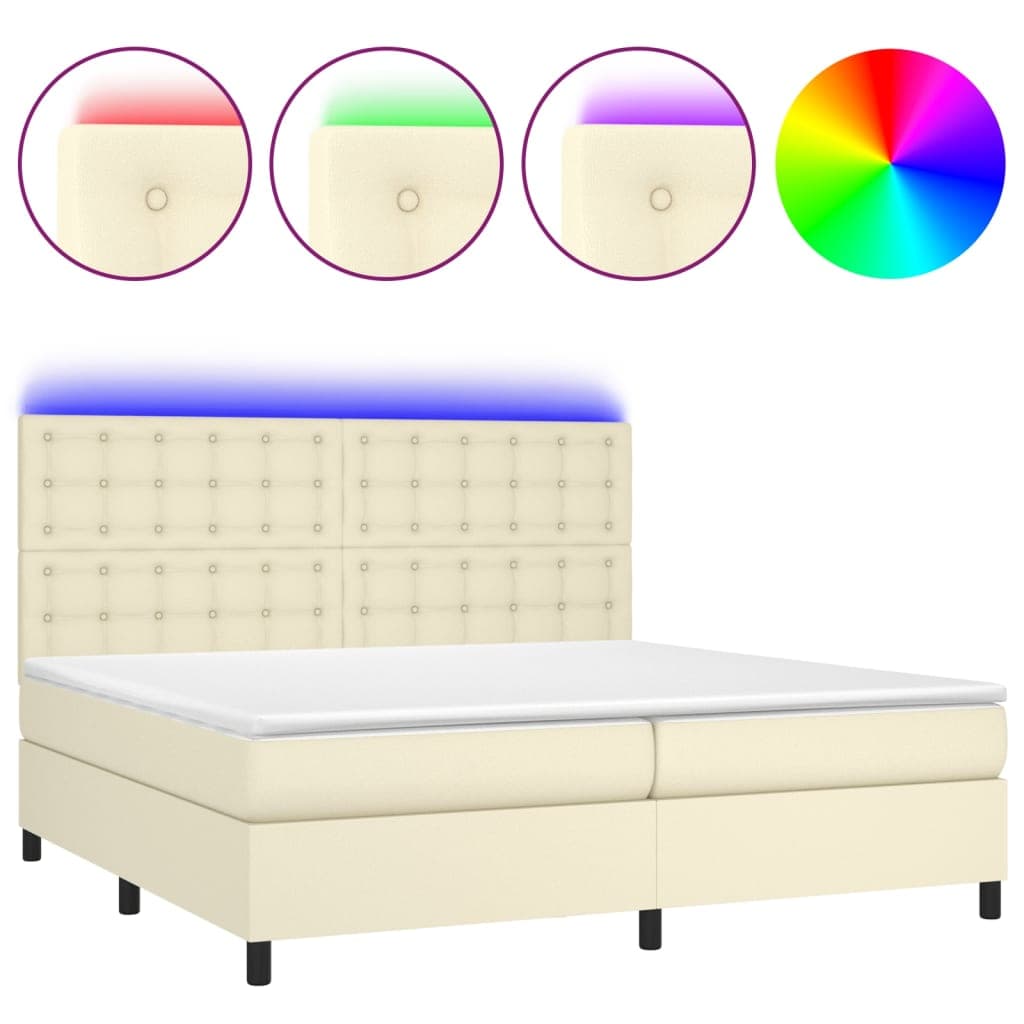 vidaXL Cama box spring c/ colchão/LED 200x200cm couro artificial creme