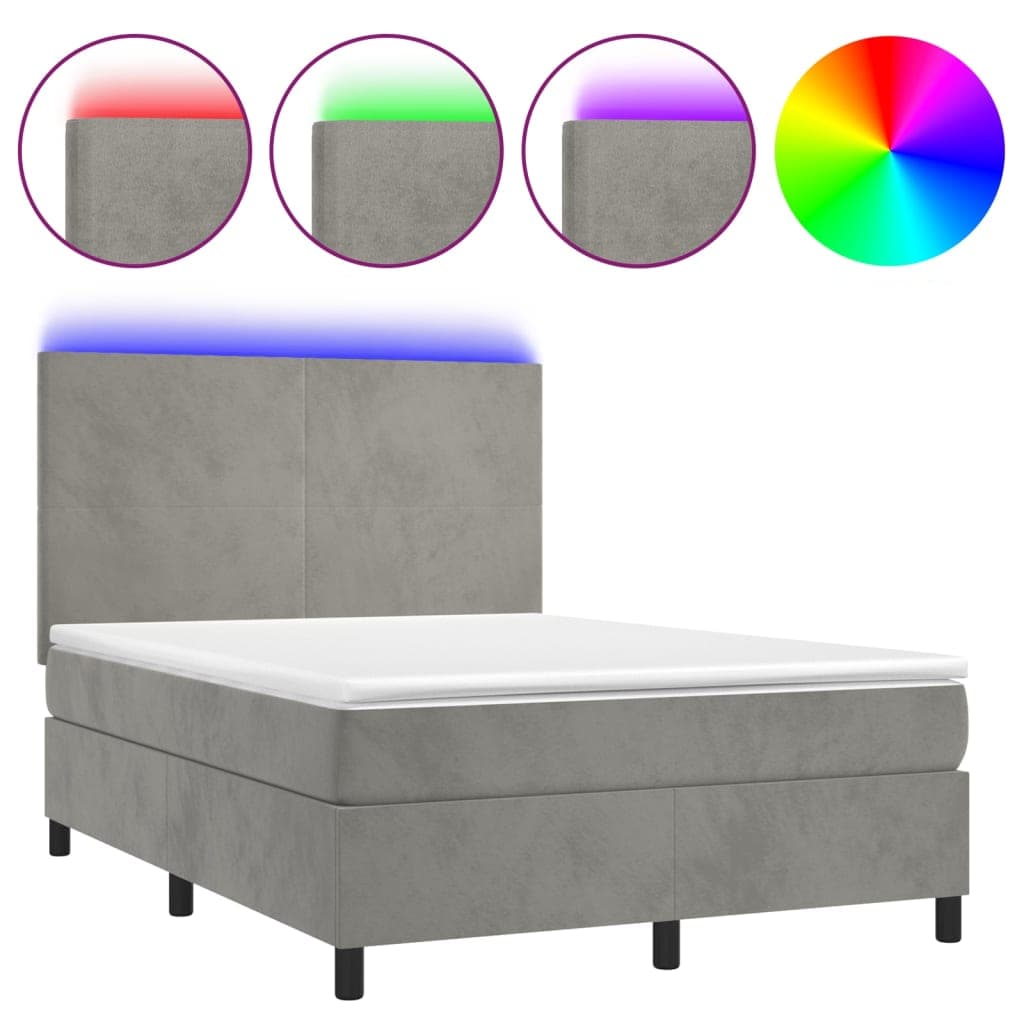 vidaXL Cama box spring c/ colchão/LED 140x190 cm veludo cinzento