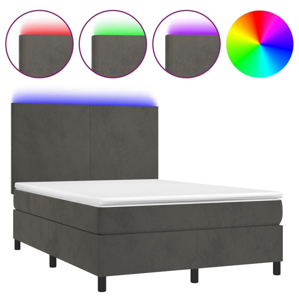vidaXL Cama box spring c/ colchão/LED 140x200cm veludo cinzento-escuro