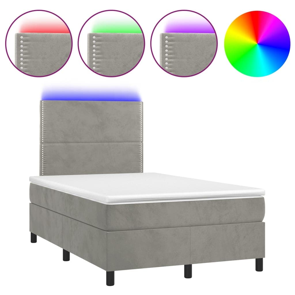 vidaXL Cama box spring c/ colchão/LED 120x200 cm veludo cinzento-claro