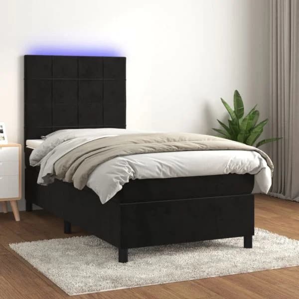 vidaXL Cama Box Spring com Colchão/led 90x200 cm Veludo Preto - 1648057278