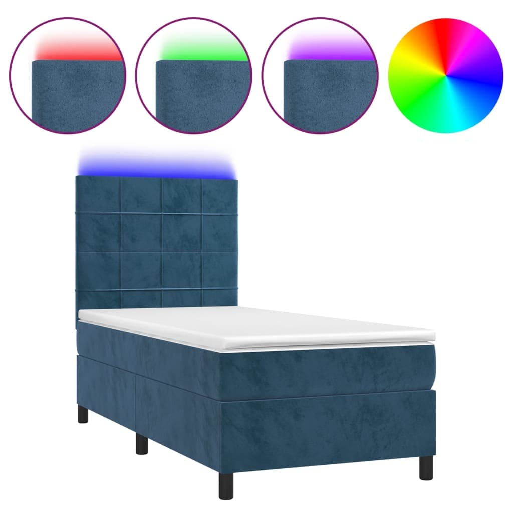 vidaXL Cama box spring c/ colchão/LED 90x200 cm veludo azul-escuro