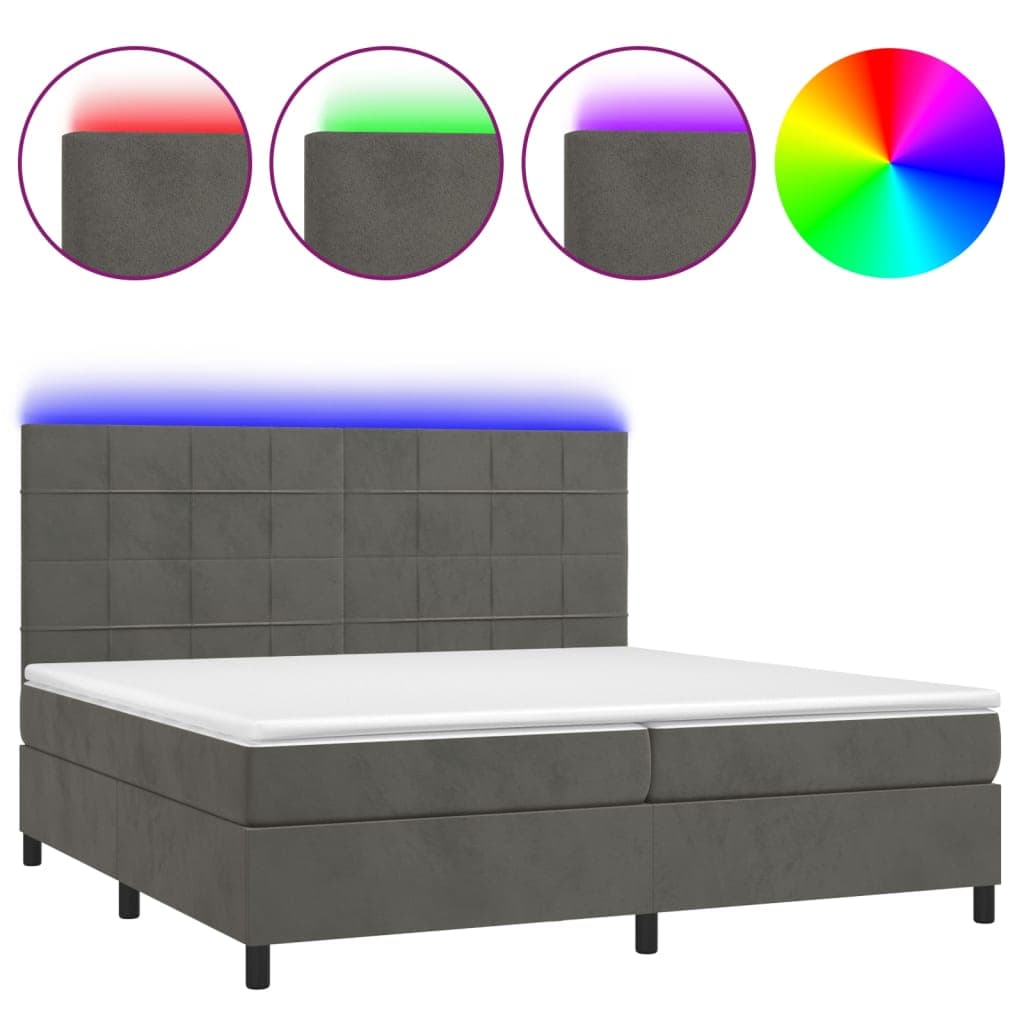 vidaXL Cama box spring c/ colchão/LED 200x200cm veludo cinzento-escuro