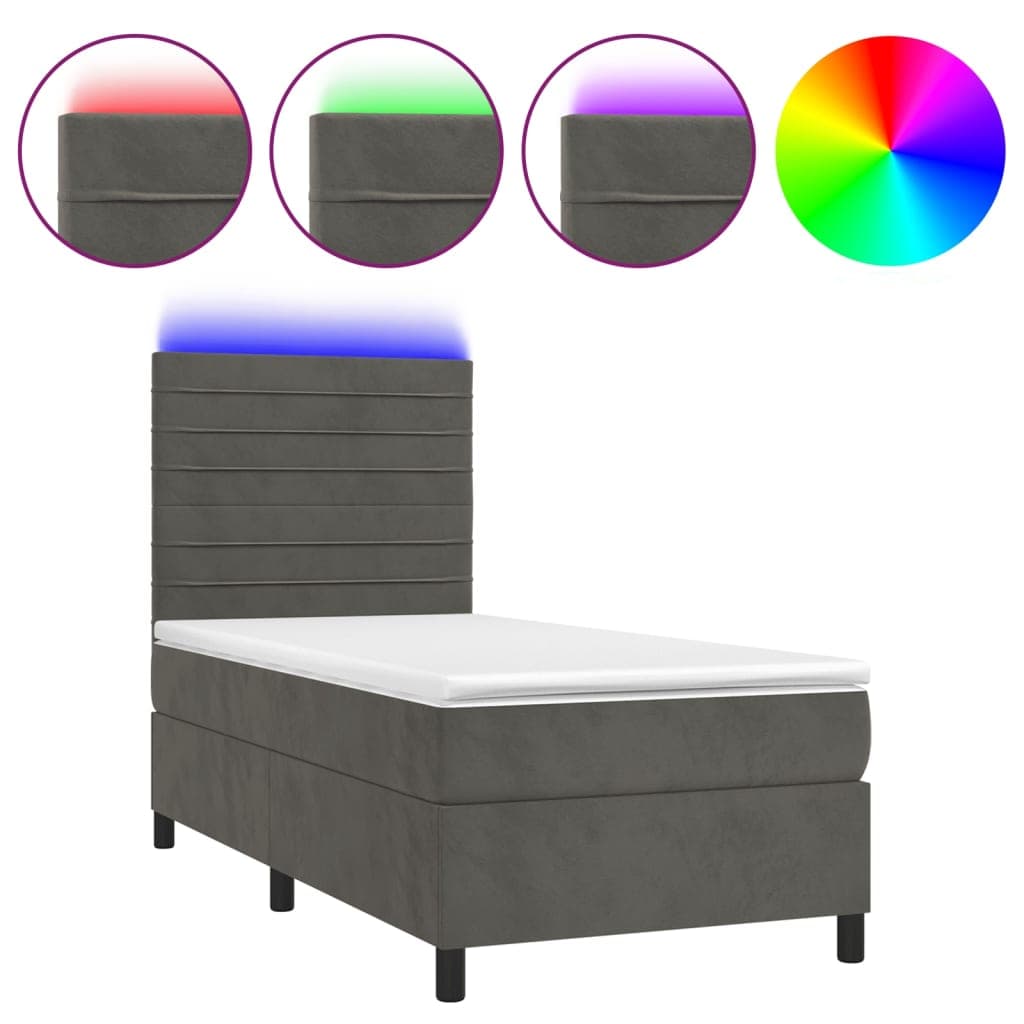 vidaXL Cama box spring c/ colchão/LED 80x200 cm veludo cinzento-escuro