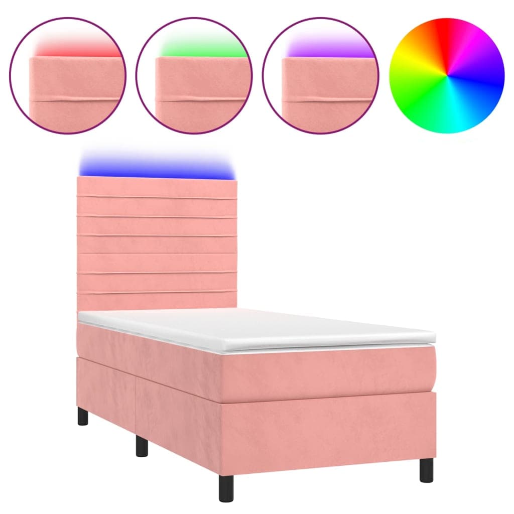 vidaXL Cama box spring c/ colchão/LED 90x200 cm veludo rosa