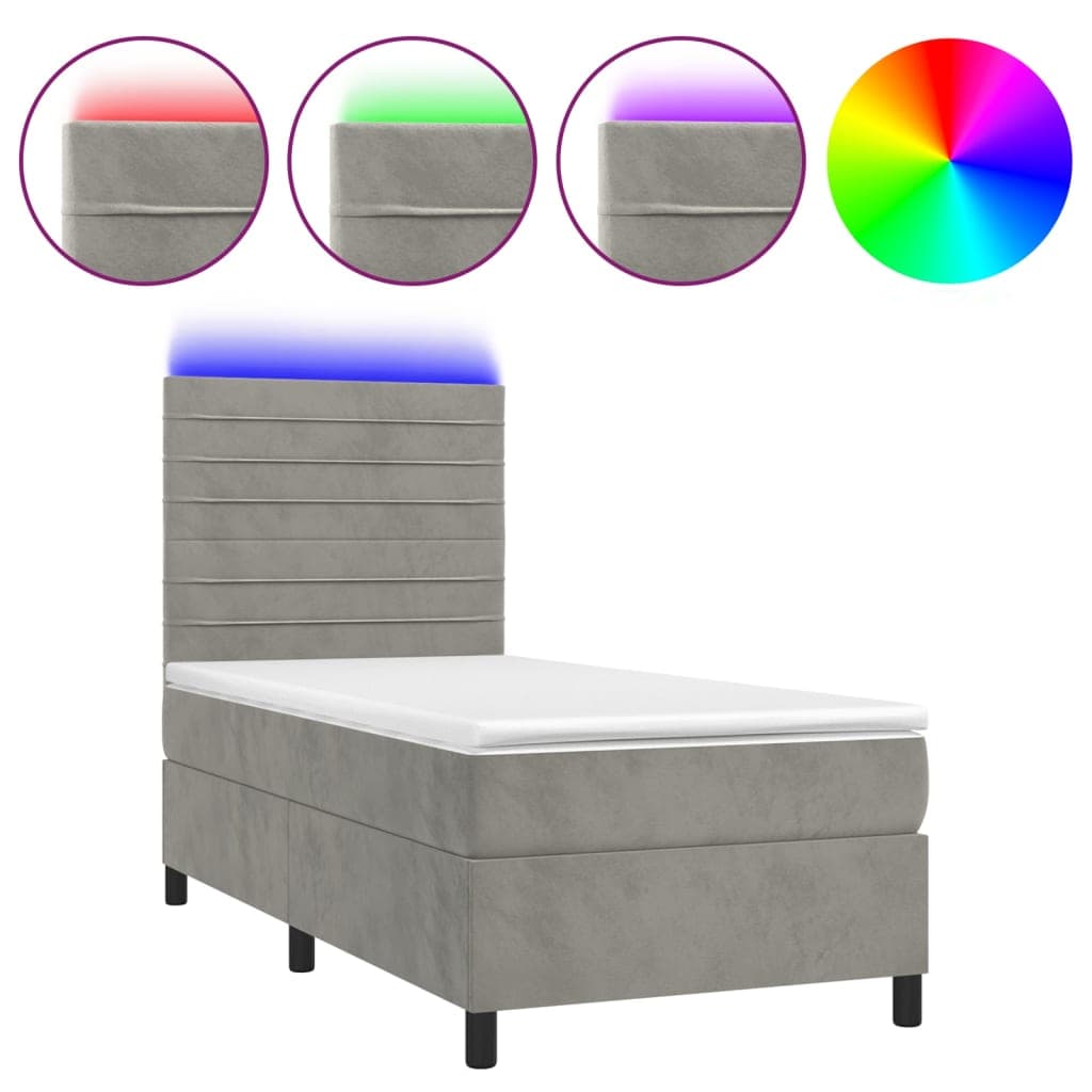 vidaXL Cama box spring c/ colchão/LED 100x200 cm veludo cinzento-claro