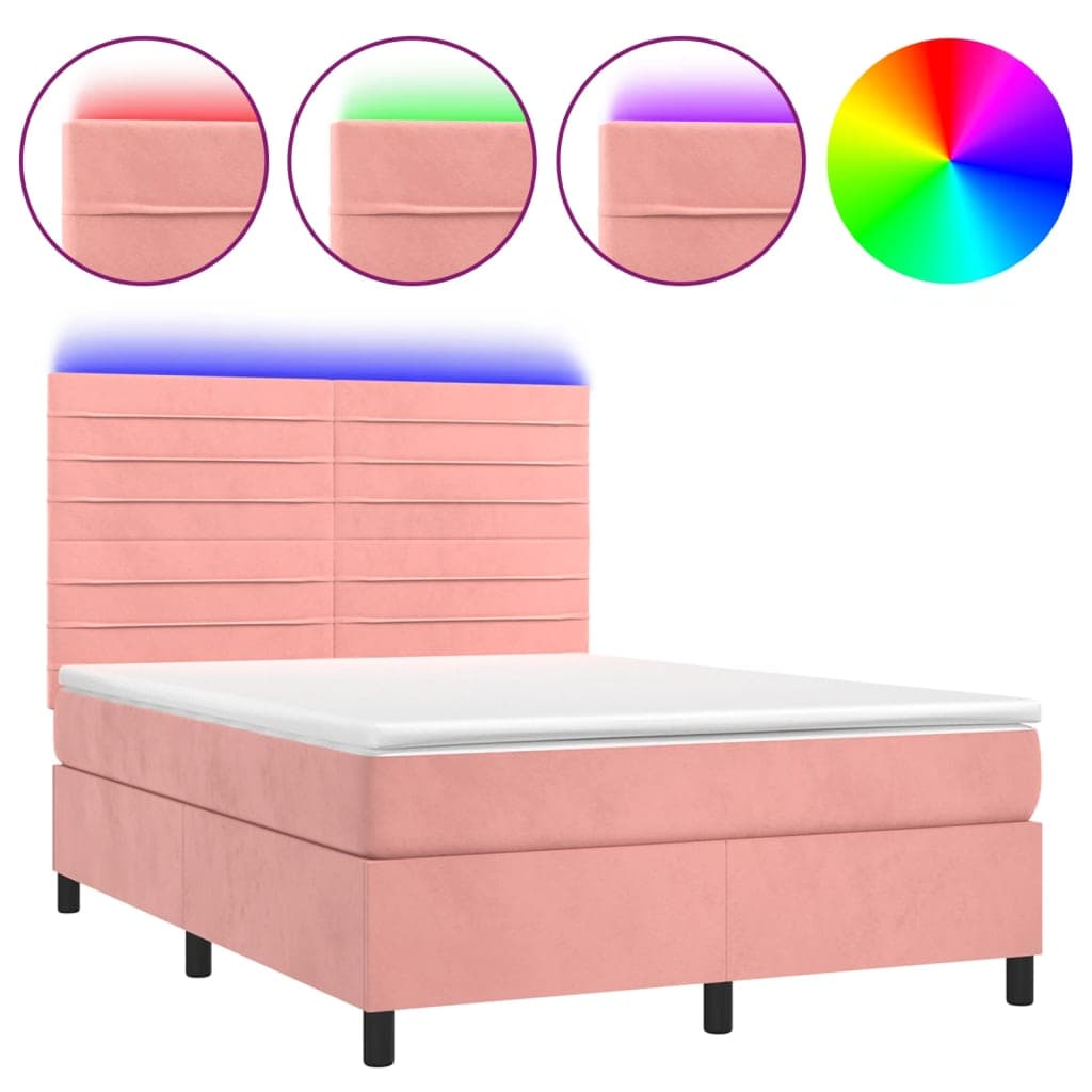 vidaXL Cama Box Spring com Colchão/led 140x200 cm Veludo Rosa - 720417101