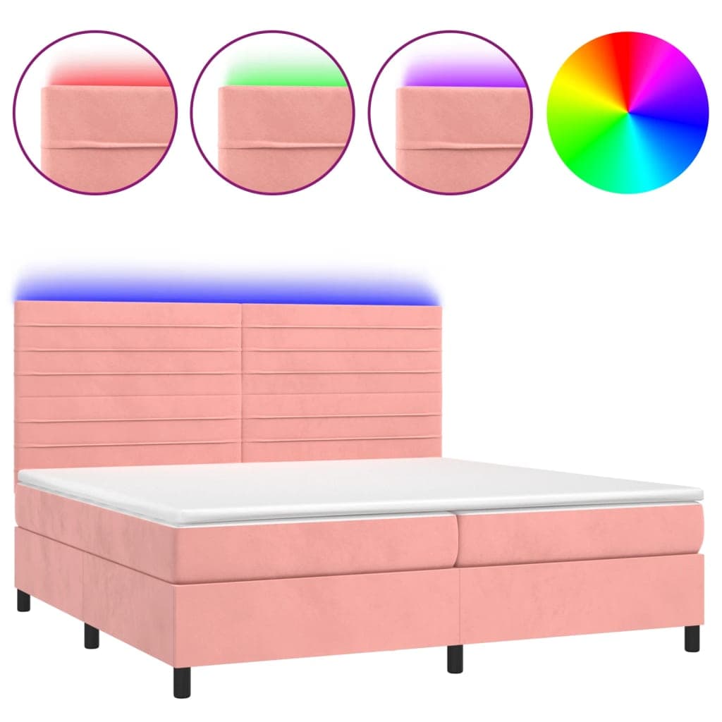 vidaXL Cama box spring c/ colchão/LED 200x200 cm veludo rosa
