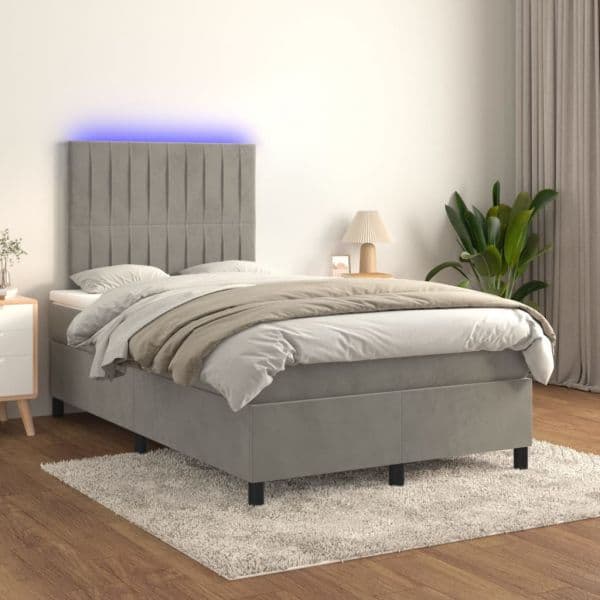 vidaXL Cama Box Spring com Colchão/led 120x200 cm Veludo Cinzento-claro - 1263580708