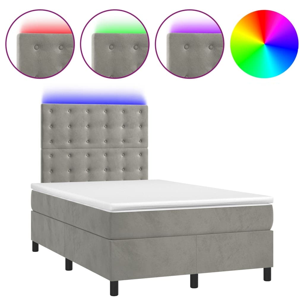 vidaXL Cama box spring c/ colchão/LED 120x200 cm veludo cinzento-claro