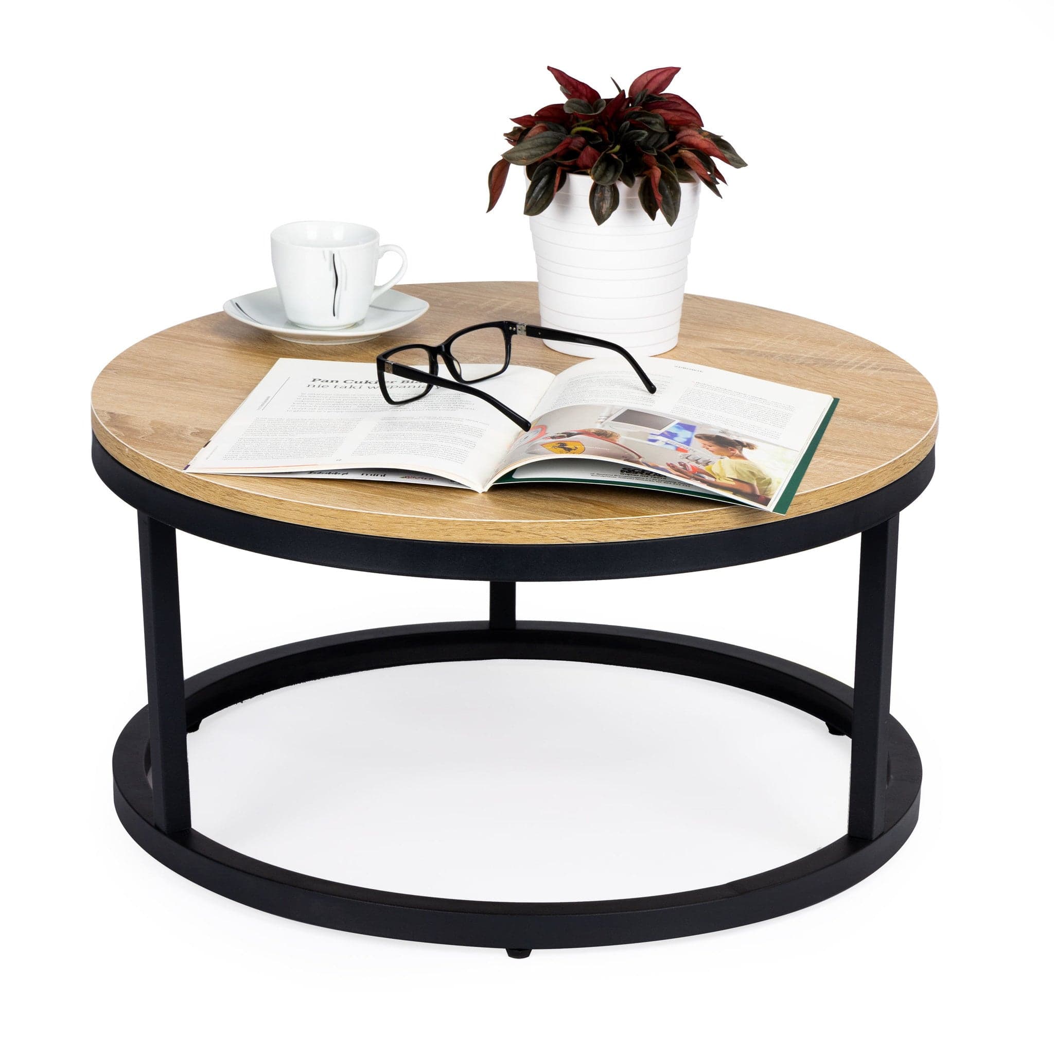 Mesa de centro redonda Ø60 cm estilo industrial madeira
