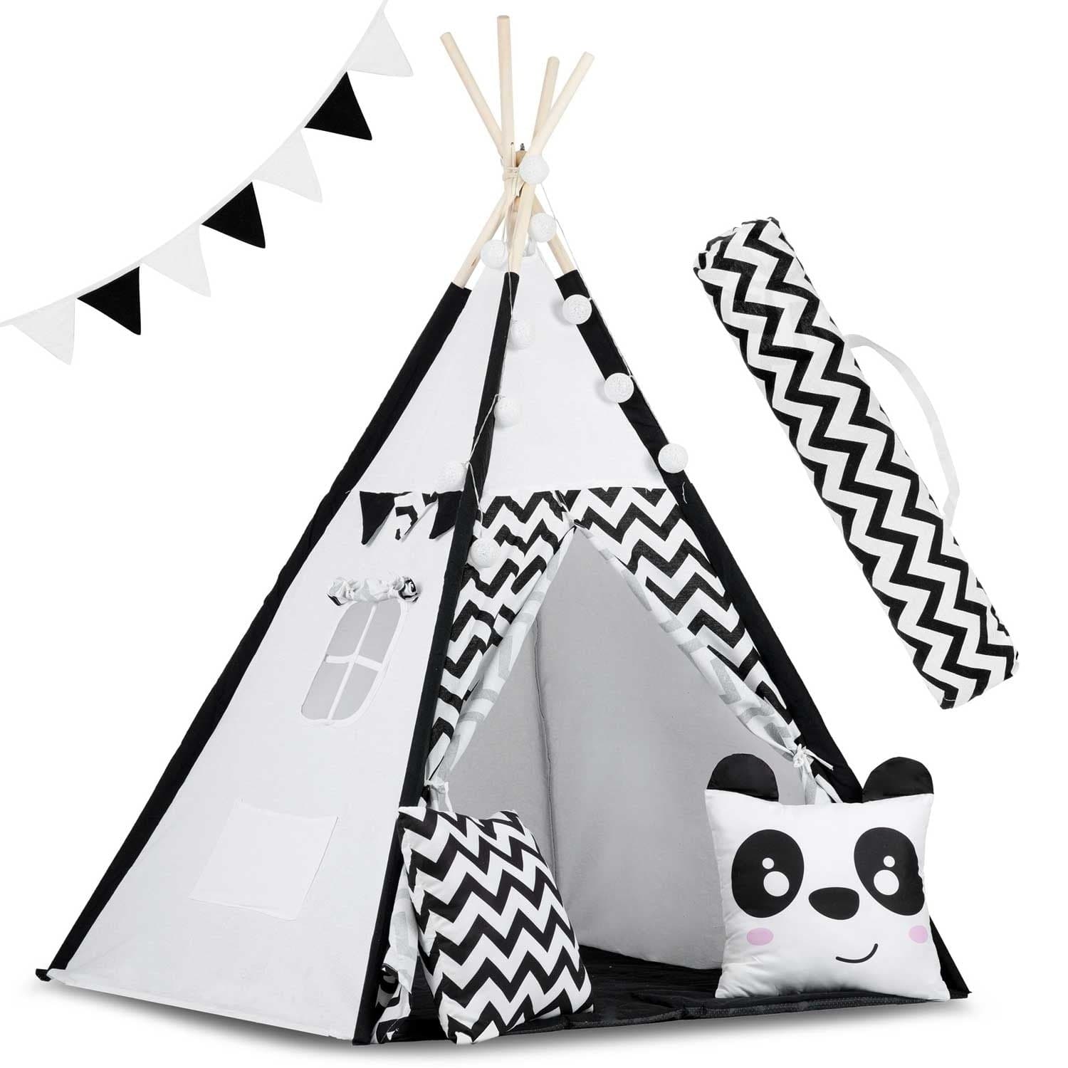 Tenda tipi infantil panda preto e branco com almofadas e luzes