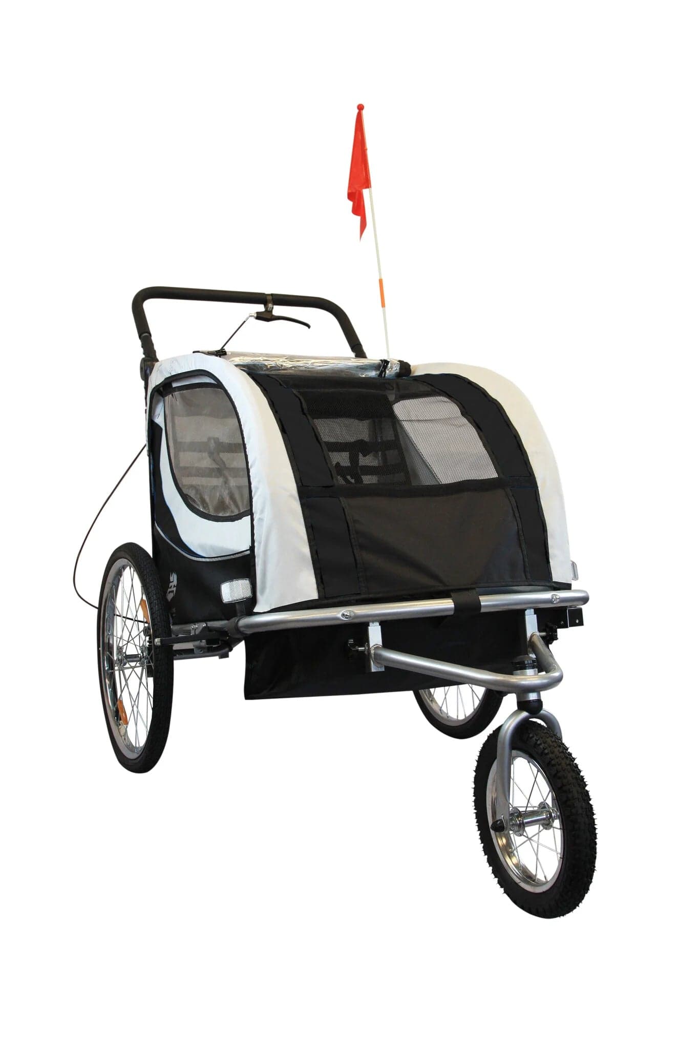 Reboque de bicicleta para criança 2 lugares com suspensão preto e branco