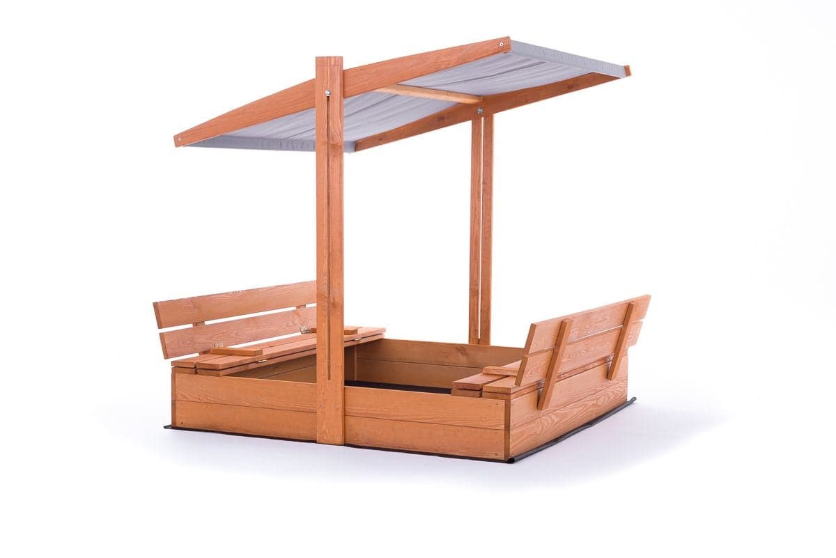 Caixa de areia 120x120 cm madeira com cobertura e bancos cinzento