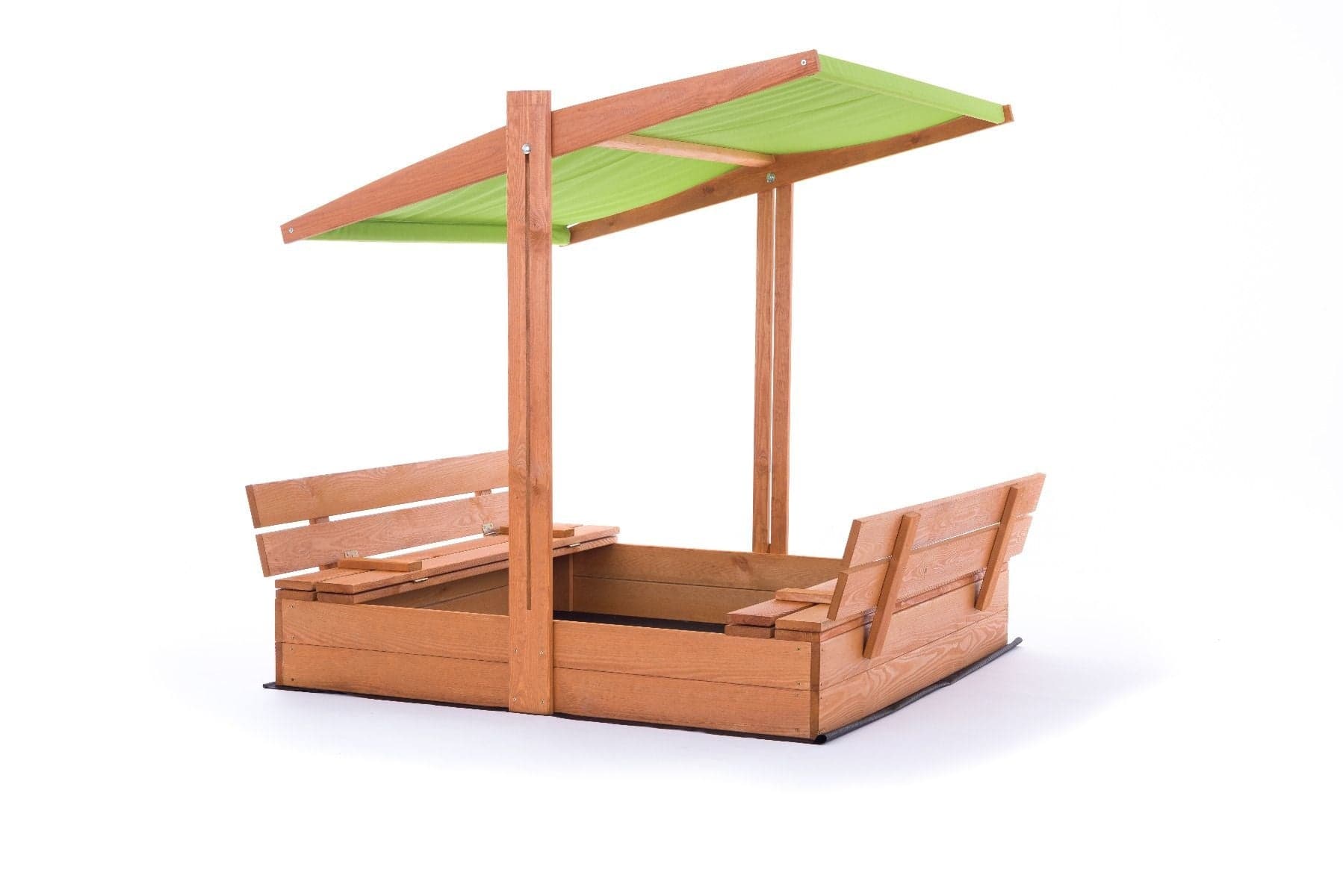 Caixa de areia 140x140 cm madeira com cobertura e bancos verde