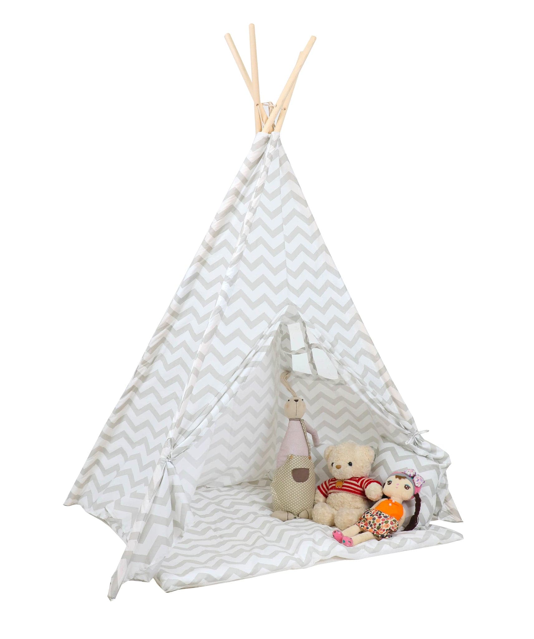Tenda tipi infantil com tapete e almofadas cinzento padrão zigzag