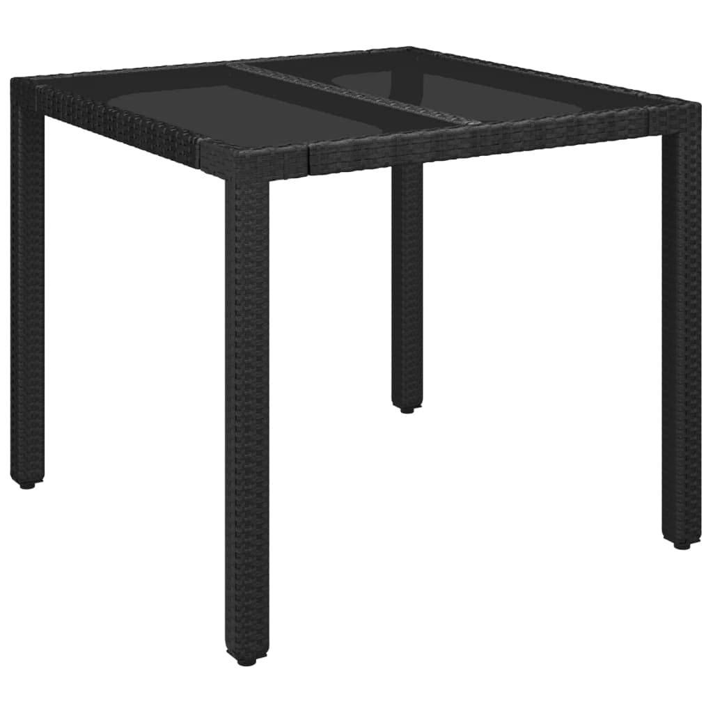vidaXL Mesa de jardim com tampo de vidro 90x90x75 cm vime PE preto