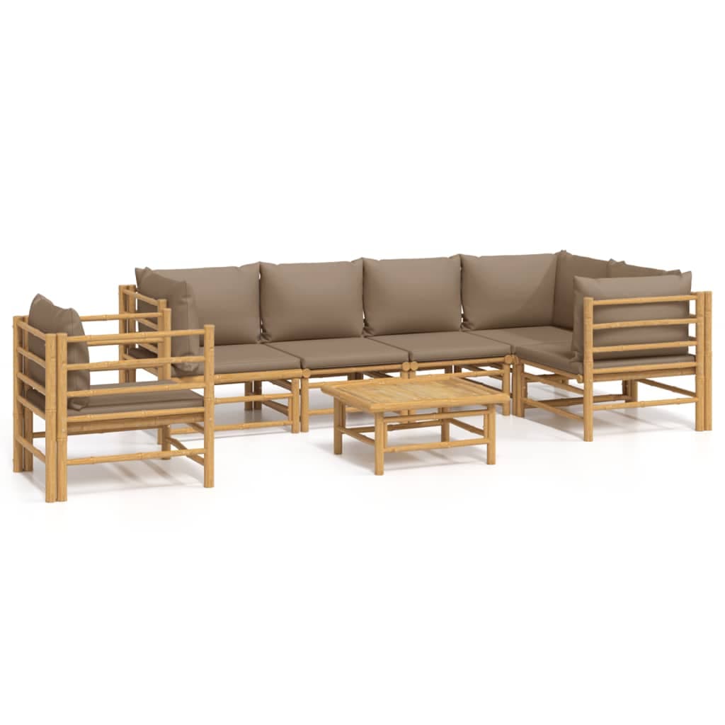 vidaXL 7 pcs conj. lounge jardim bambu c/ almofadões cinza-acastanhado
